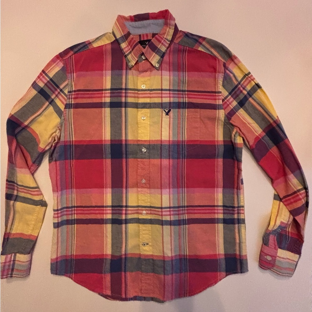 American Eagle Outfitters Red and Yellow Plaid Long Sleeve Shirt. Mens Medium